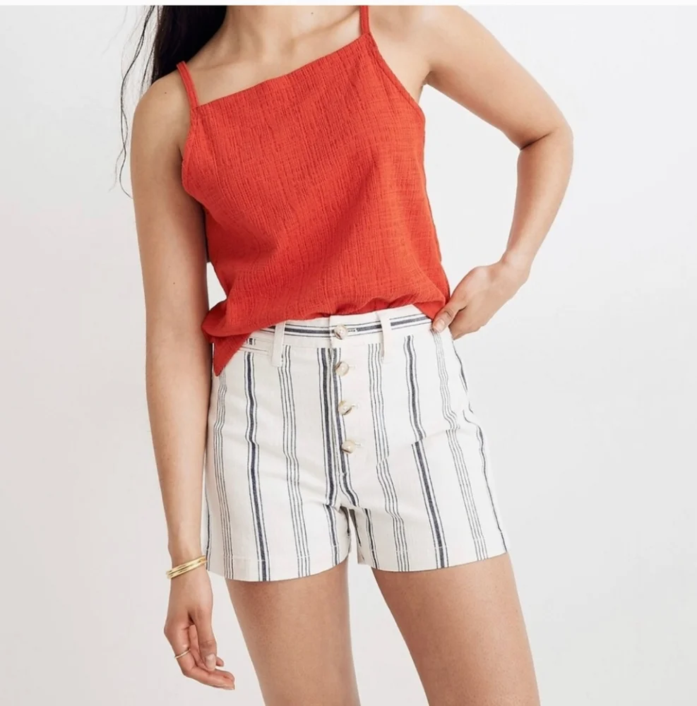 MADEWELL The Emmett Striped White  and Navy Denim Women's High Waisted Shorts 31